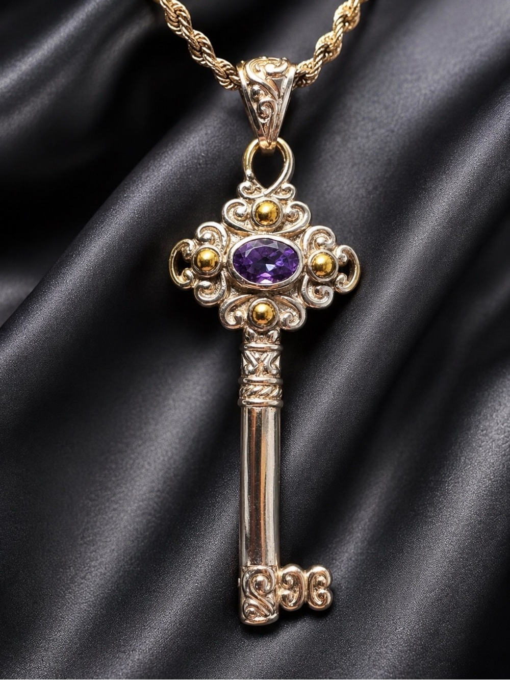 Necklace 925 Sterling Silver & 14k Gold Key Pendant on Sterling Chain